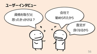 ユーザーインタビュー
56
資格を取ろうと
思ったきっかけは︖
会社で
勧められたから
査定が
良くなるから
 