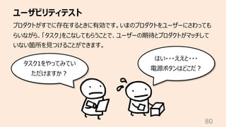 ユーザビリティテスト
80
プロダクトがすでに存在するときに有効です。いまのプロダクトをユーザーにさわっても
らいながら、「タスク」をこなしてもらうことで、ユーザーの期待とプロダクトがマッチして
いない箇所を⾒つけることができます。
タスク1をやってみてい
ただけますか︖
はい・・・ええと・・・
電源ボタンはどこだ︖
 