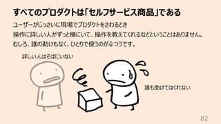 すべてのプロダクトは「セルフサービス商品」である
82
ユーザーがじっさいに現場でプロダクトをさわるとき
操作に詳しい⼈がずっと横にいて、操作を教えてくれるなどということはありません。
むしろ、誰の助けもなく、ひとりで使うのがふつうです。
誰も...