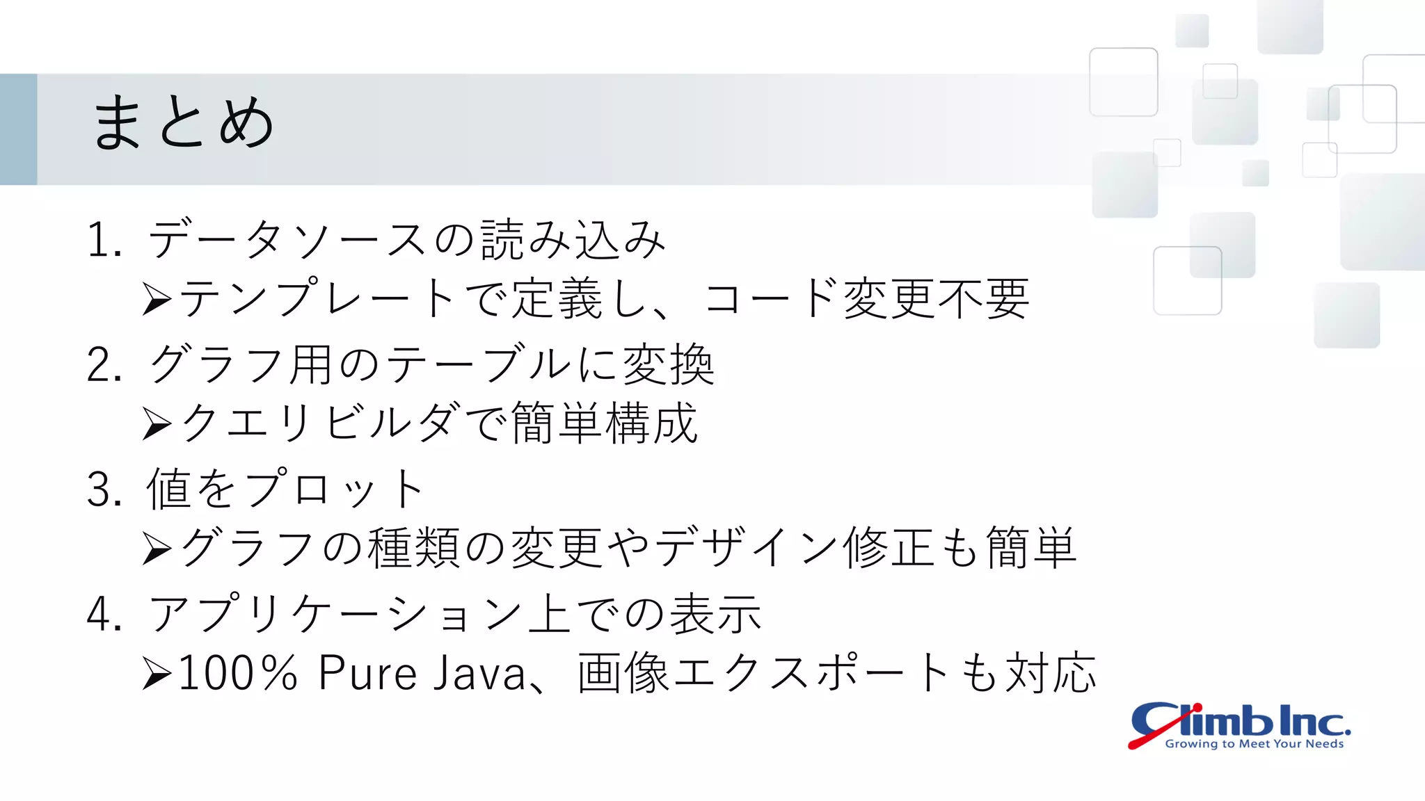 まとめ
1. データソースの読み込み
➢テンプレートで定義し、コード変更不要
2. グラフ用のテーブルに変換
➢クエリビルダで簡単構成
3. 値をプロット
➢グラフの種類の変更やデザイン修正も簡単
4. アプリケーション上での表示
➢100％ Pure Java、画像エクスポートも対応
 