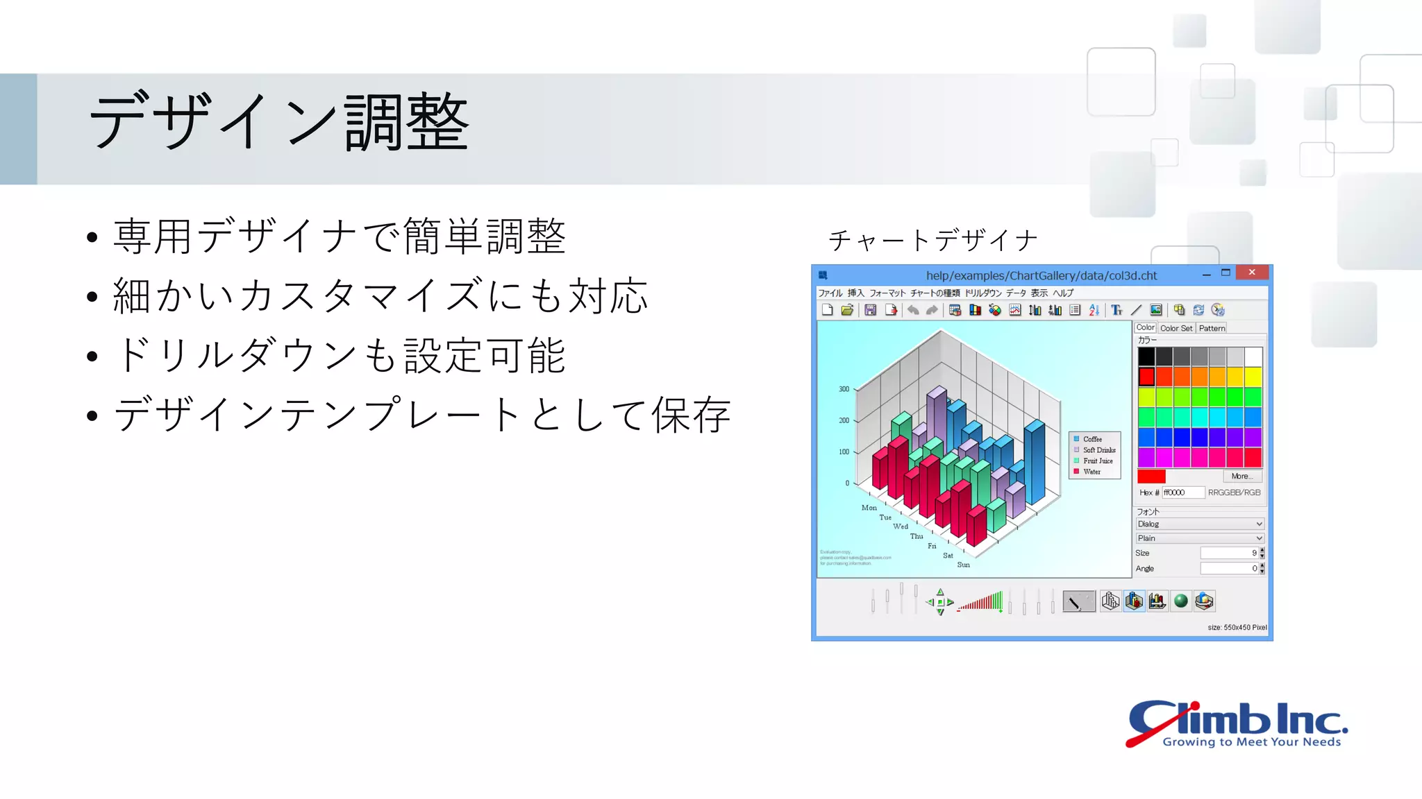 デザイン調整
• 専用デザイナで簡単調整
• 細かいカスタマイズにも対応
• ドリルダウンも設定可能
• デザインテンプレートとして保存
チャートデザイナ
 