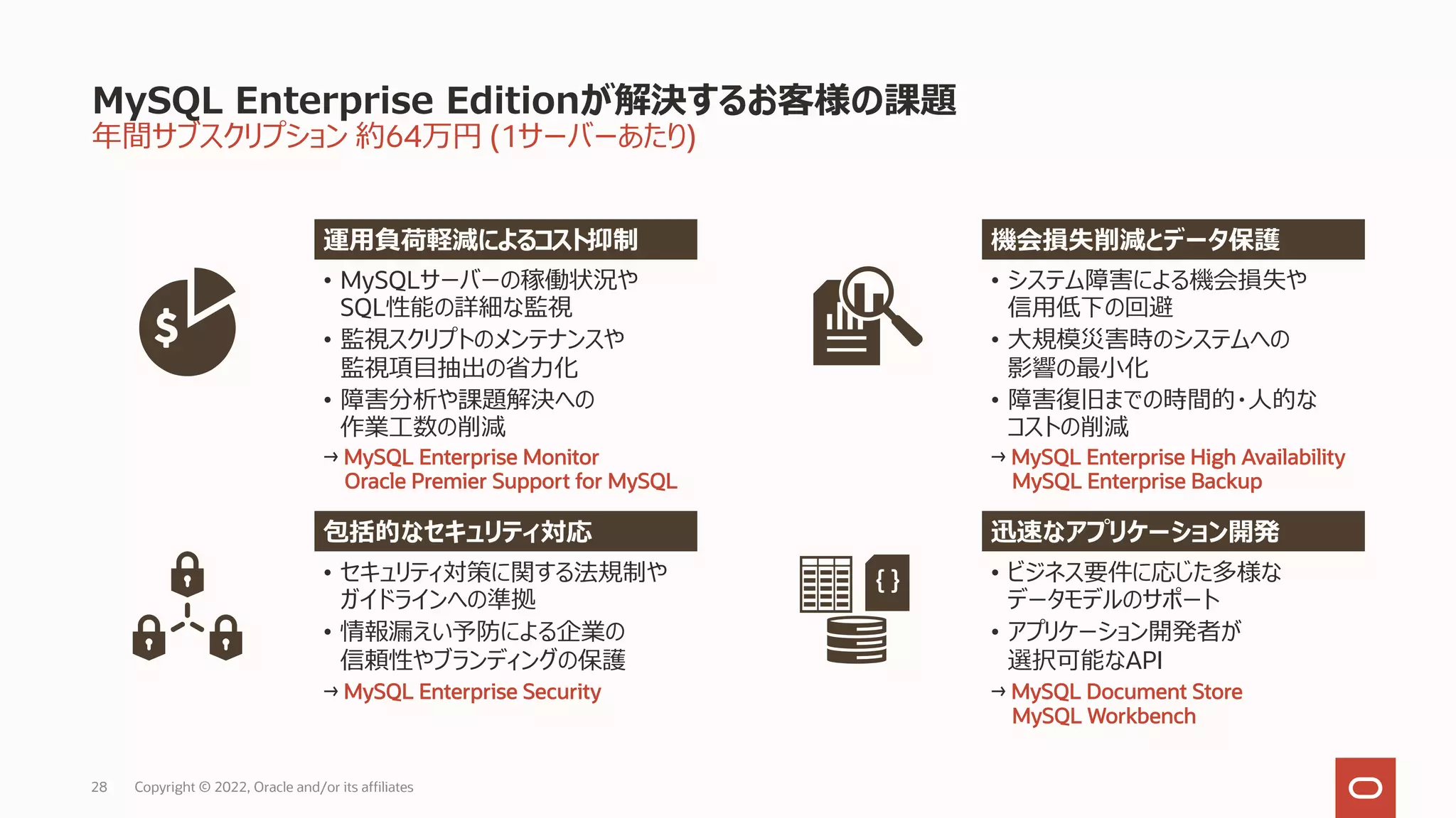 MySQL Enterprise Editionが解決するお客様の課題
年間サブスクリプション 約64万円 (1サーバーあたり)
28 Copyright © 2022, Oracle and/or its affiliates
• ビジネス要件に応じた多様な
データモデルのサポート
• アプリケーション開発者が
選択可能なAPI
→ MySQL Document Store
MySQL Workbench
• システム障害による機会損失や
信⽤低下の回避
• ⼤規模災害時のシステムへの
影響の最⼩化
• 障害復旧までの時間的・⼈的な
コストの削減
→ MySQL Enterprise High Availability
MySQL Enterprise Backup
• セキュリティ対策に関する法規制や
ガイドラインへの準拠
• 情報漏えい予防による企業の
信頼性やブランディングの保護
→ MySQL Enterprise Security
運⽤負荷軽減によるコスト抑制
{ }
• MySQLサーバーの稼働状況や
SQL性能の詳細な監視
• 監視スクリプトのメンテナンスや
監視項⽬抽出の省⼒化
• 障害分析や課題解決への
作業⼯数の削減
→ MySQL Enterprise Monitor
Oracle Premier Support for MySQL
包括的なセキュリティ対応
機会損失削減とデータ保護
迅速なアプリケーション開発
 