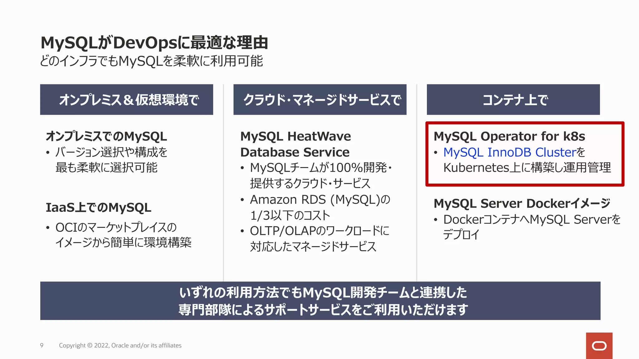 MySQLがDevOpsに最適な理由
どのインフラでもMySQLを柔軟に利⽤可能
9 Copyright © 2022, Oracle and/or its affiliates
オンプレミス＆仮想環境で
MySQL HeatWave
Database Service
• MySQLチームが100％開発・
提供するクラウド・サービス
• Amazon RDS (MySQL)の
1/3以下のコスト
• OLTP/OLAPのワークロードに
対応したマネージドサービス
MySQL Operator for k8s
• MySQL InnoDB Clusterを
Kubernetes上に構築し運⽤管理
MySQL Server Dockerイメージ
• DockerコンテナへMySQL Serverを
デプロイ
オンプレミスでのMySQL
• バージョン選択や構成を
最も柔軟に選択可能
IaaS上でのMySQL
• OCIのマーケットプレイスの
イメージから簡単に環境構築
クラウド・マネージドサービスで コンテナ上で
いずれの利⽤⽅法でもMySQL開発チームと連携した
専⾨部隊によるサポートサービスをご利⽤いただけます
 