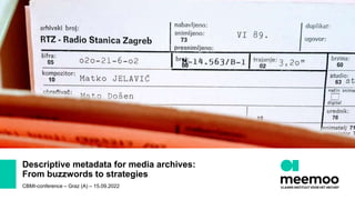 Descriptive metadata for media archives:
From buzzwords to strategies
CBMI-conference – Graz (A) – 15.09.2022
 