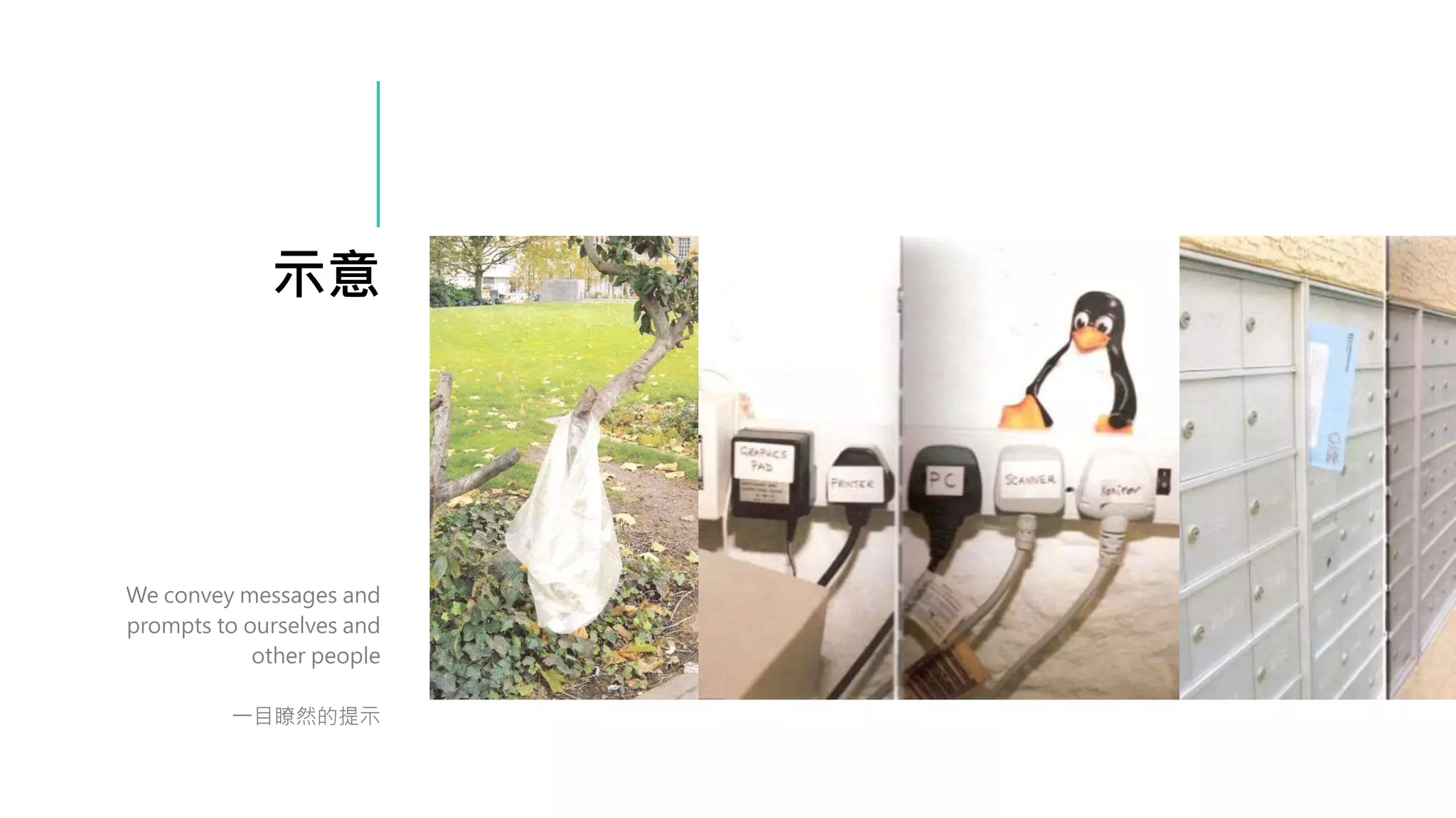 示意
We convey messages and
prompts to ourselves and
other people
一目瞭然的提示
 