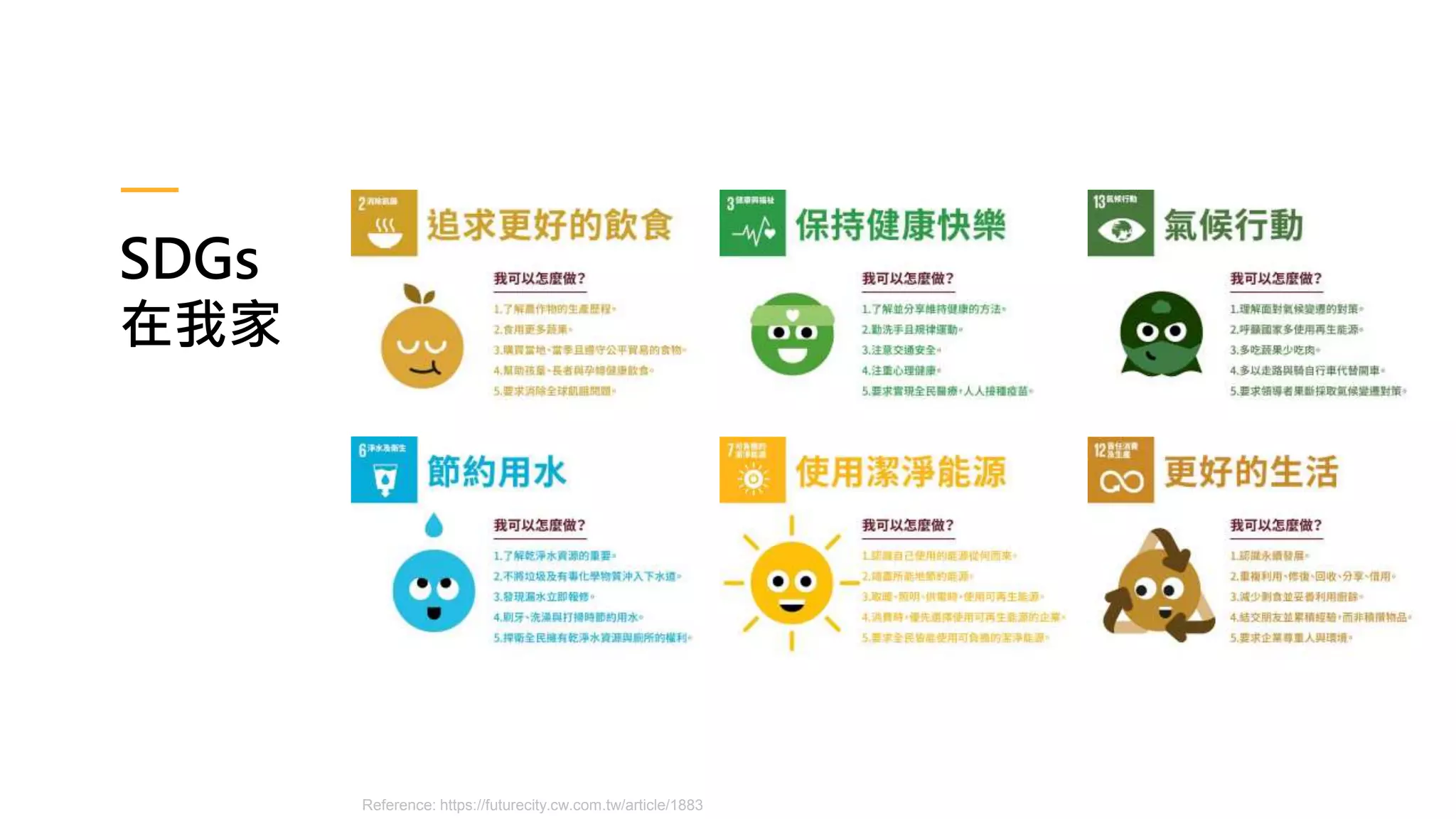 SDGs
在我家
Reference: https://futurecity.cw.com.tw/article/1883
 