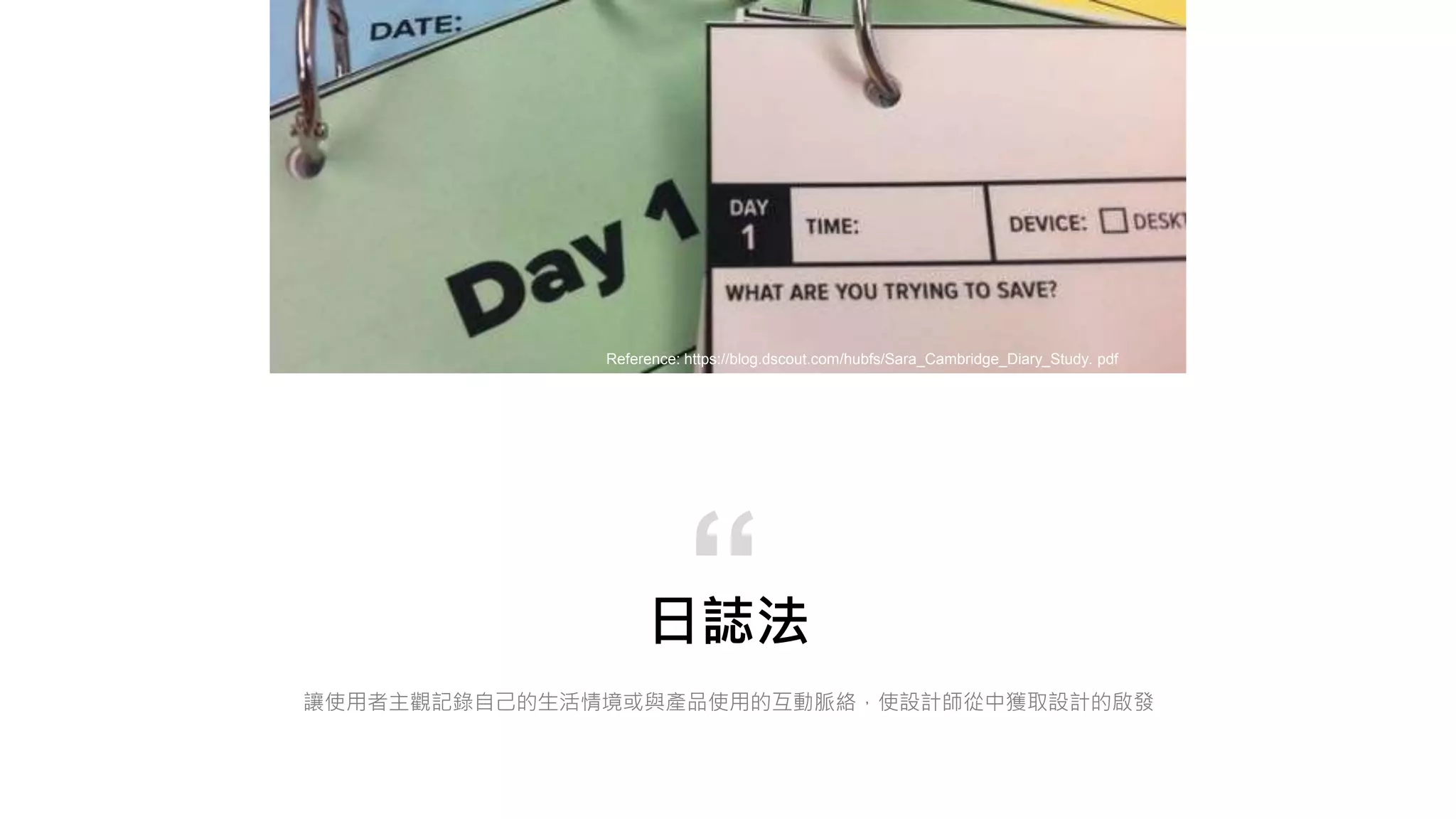 日誌法
讓使用者主觀記錄自己的生活情境或與產品使用的互動脈絡，使設計師從中獲取設計的啟發
“
Reference: https://blog.dscout.com/hubfs/Sara_Cambridge_Diary_Study. pdf
 