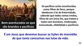 É em Jesus que devemos buscar as lições de mansidão
de que tanto carecemos nas lutas da vida.
Bem-aventurados os que
são brandos e pacíficos
23
Os pacíficos serão reconhecidos
como filhos de Deus, porque
obedecem à lei da fraternidade,
sabendo que todos somos irmãos,
filhos de um único Pai, que tratam a
todos com brandura, moderação,
mansuetude, afabilidade e paciência.
 