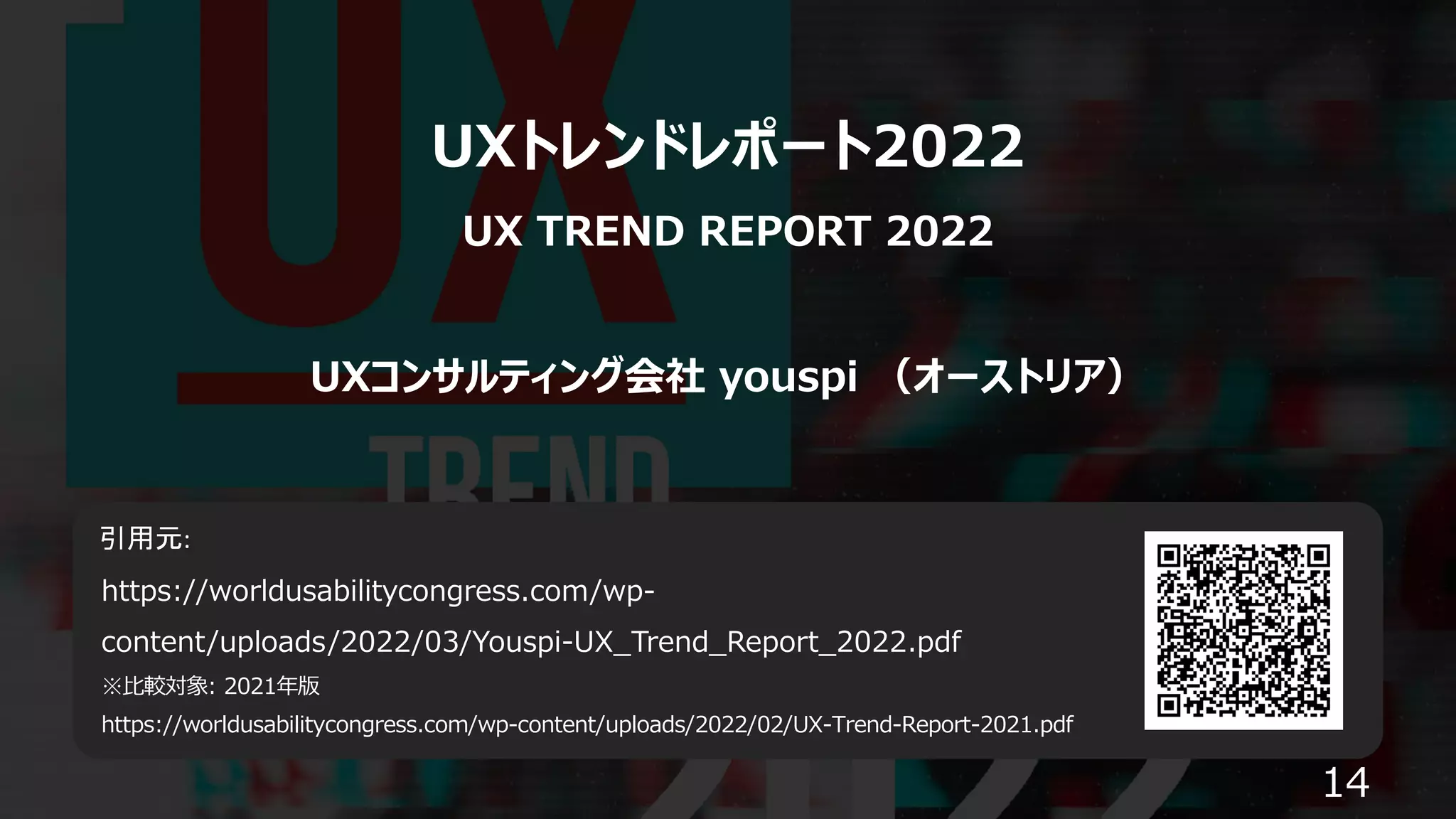 引用元:
14
UXトレンドレポート2022
UX TREND REPORT 2022
UXコンサルティング会社 youspi （オーストリア）
https://worldusabilitycongress.com/wp-
content/uploads/2022/03/Youspi-UX_Trend_Report_2022.pdf
※⽐較対象: 2021年版
https://worldusabilitycongress.com/wp-content/uploads/2022/02/UX-Trend-Report-2021.pdf
 