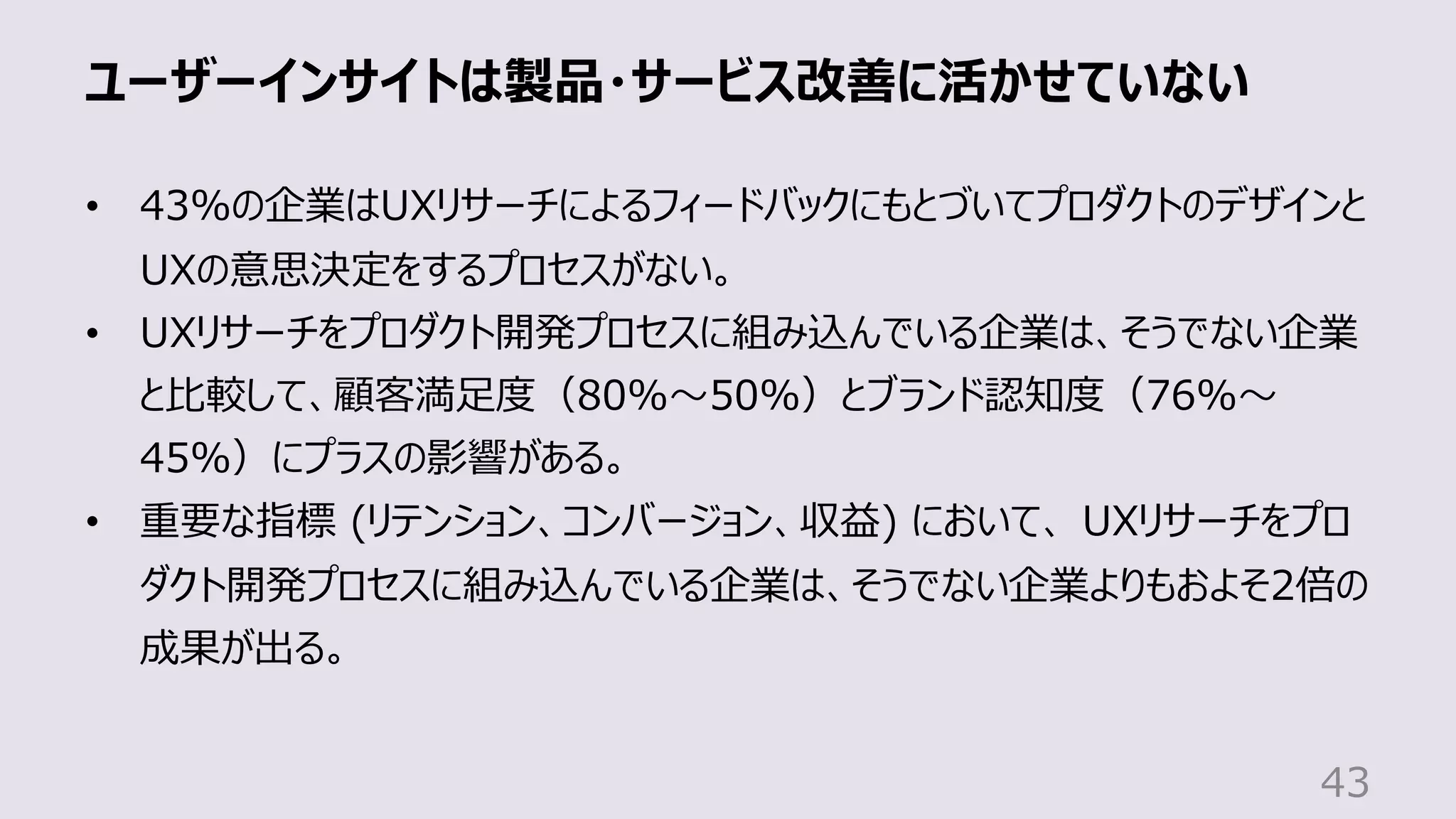 ユーザーインサイトは製品・サービス改善に活かせていない
43
• 43%の企業はUXリサーチによるフィードバックにもとづいてプロダクトのデザインと
UXの意思決定をするプロセスがない。
• UXリサーチをプロダクト開発プロセスに組み込んでいる企業は、そうでない企業
と⽐較して、顧客満⾜度（80%〜50%）とブランド認知度（76%〜
45%）にプラスの影響がある。
• 重要な指標 (リテンション、コンバージョン、収益) において、 UXリサーチをプロ
ダクト開発プロセスに組み込んでいる企業は、そうでない企業よりもおよそ2倍の
成果が出る。
 