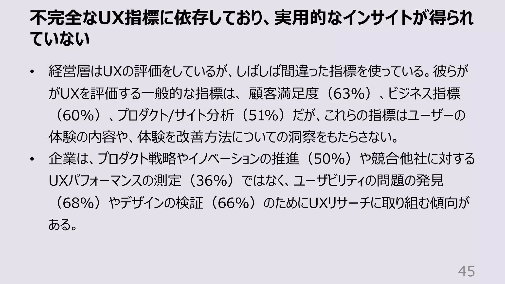 不完全なUX指標に依存しており、実⽤的なインサイトが得られ
ていない
45
• 経営層はUXの評価をしているが、しばしば間違った指標を使っている。彼らが
がUXを評価する⼀般的な指標は、 顧客満⾜度（63%）、ビジネス指標
（60%）、プロダクト/サイト分析（51%）だが、これらの指標はユーザーの
体験の内容や、体験を改善⽅法についての洞察をもたらさない。
• 企業は、プロダクト戦略やイノベーションの推進（50%）や競合他社に対する
UXパフォーマンスの測定（36%）ではなく、ユーザビリティの問題の発⾒
（68%）やデザインの検証（66%）のためにUXリサーチに取り組む傾向が
ある。
 
