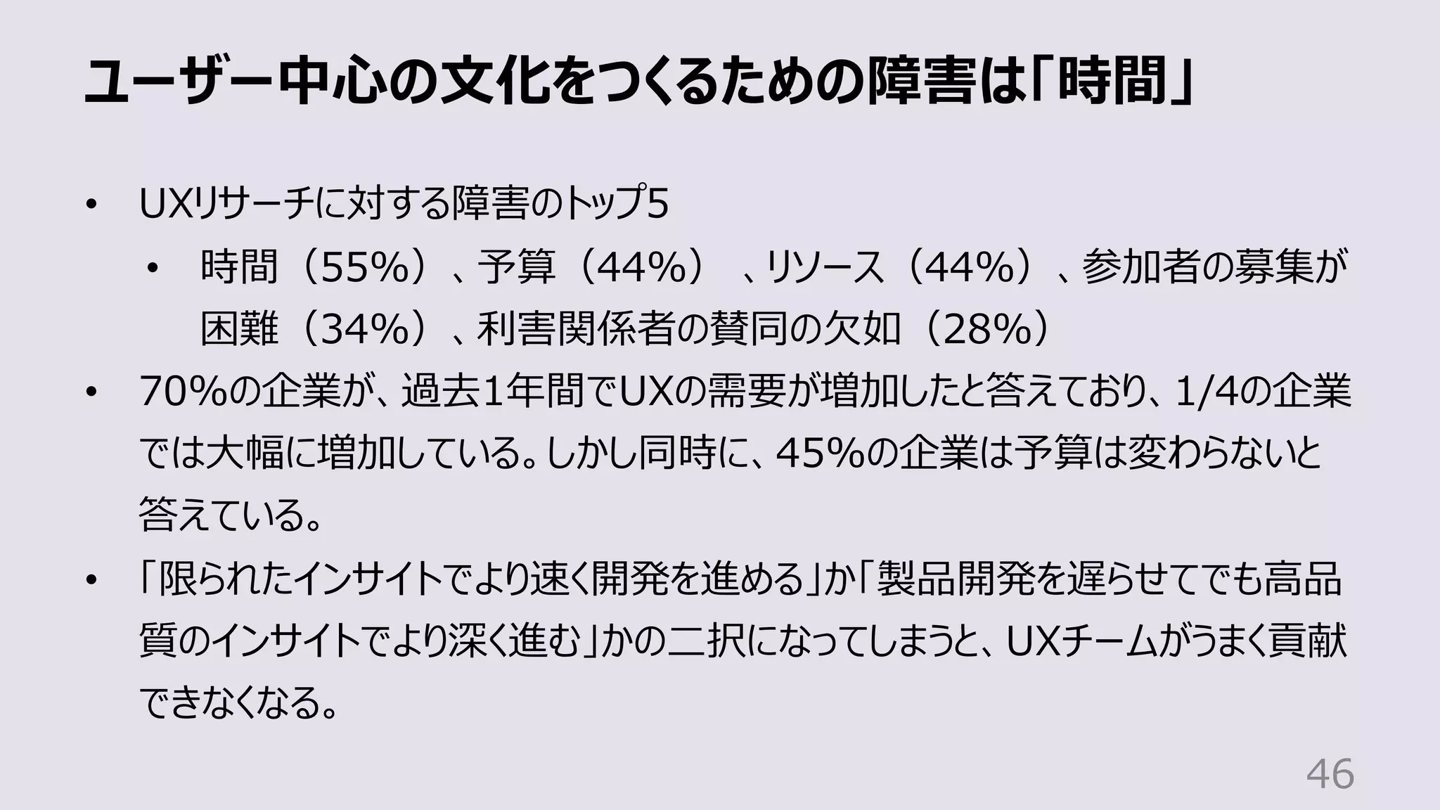 ユーザー中⼼の⽂化をつくるための障害は「時間」
46
• UXリサーチに対する障害のトップ5
• 時間（55%）、予算（44%） 、リソース（44%）、参加者の募集が
困難（34%）、利害関係者の賛同の⽋如（28%）
• 70%の企業が、過去1年間でUXの需要が増加したと答えており、1/4の企業
では⼤幅に増加している。しかし同時に、45%の企業は予算は変わらないと
答えている。
• 「限られたインサイトでより速く開発を進める」か「製品開発を遅らせてでも⾼品
質のインサイトでより深く進む」かの⼆択になってしまうと、UXチームがうまく貢献
できなくなる。
 