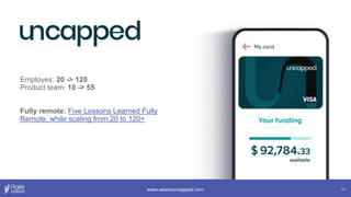11
Employes: 20 -> 120
Product team: 10 -> 55
Fully remote: Five Lessons Learned Fully
Remote, while scaling from 20 to 120+
www.weareuncapped.com
 