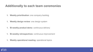 Additionally to each team ceremonies
47
1. Weekly prioritisation: one company backlog
1. Weekly design review: one design system
1. Bi-weekly product demo: continuous delivery
1. Bi-weekly retrospectives: continuous improvement
1. Weekly operational meeting: operational topics
 
