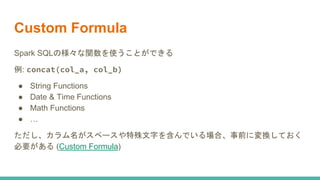 Custom Formula
Spark SQLの様々な関数を使うことができる
例: concat(col_a, col_b)
● String Functions
● Date & Time Functions
● Math Functions
● …
ただし、カラム名がスペースや特殊文字を含んでいる場合、事前に変換しておく
必要がある (Custom Formula)
 