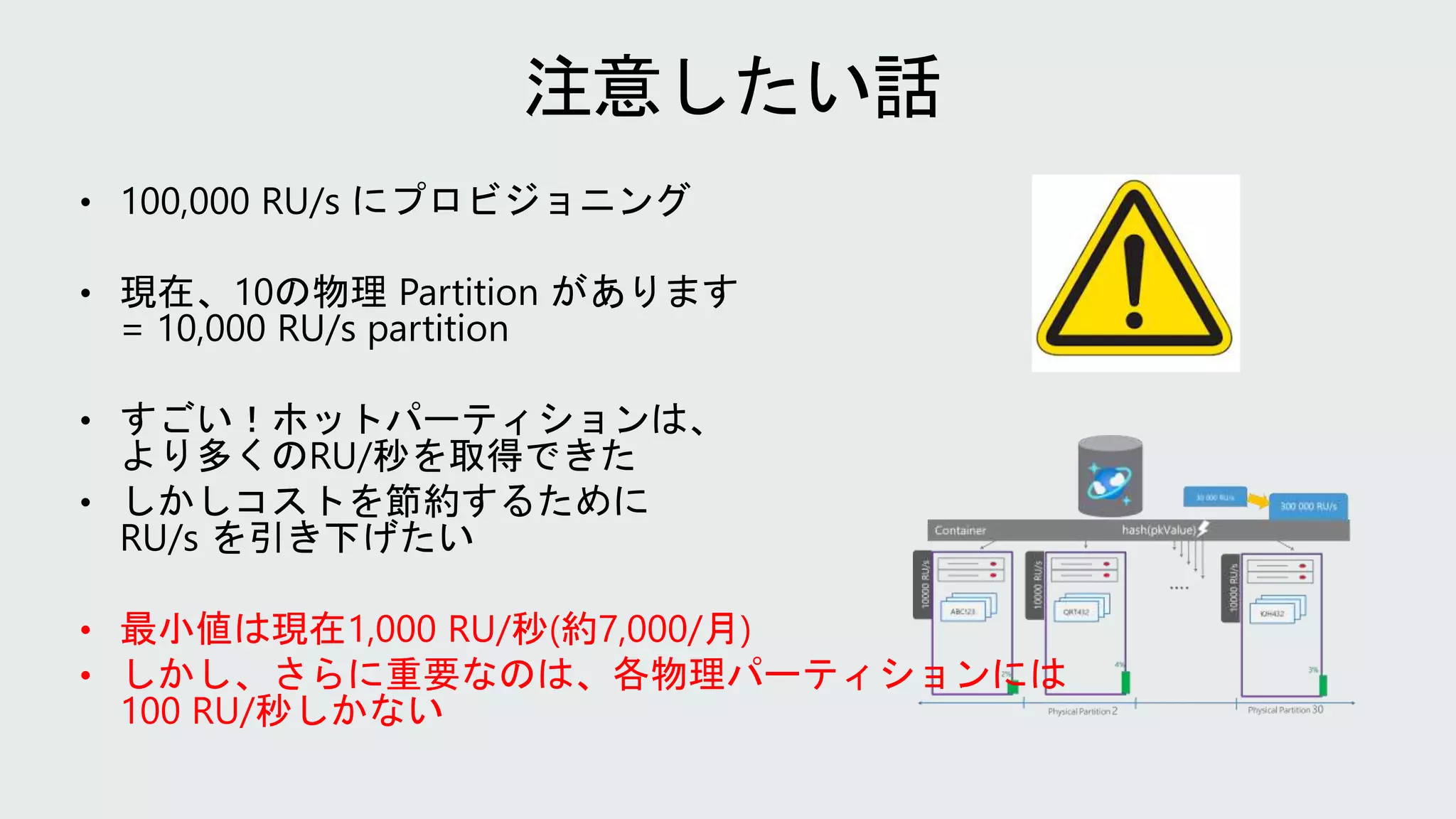 • 最小値は現在1,000 RU/秒(約7,000/月)
• しかし、さらに重要なのは、各物理パーティションには
100 RU/秒しかない
 