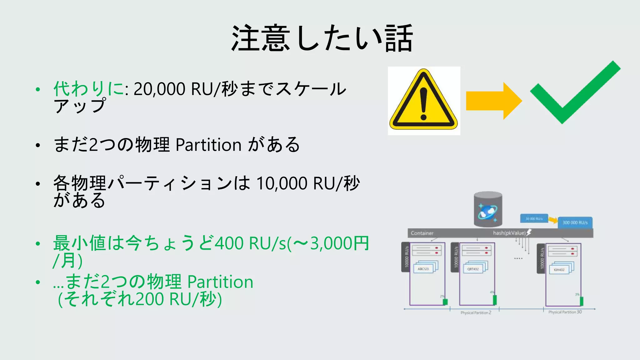 • 代わりに
• 最小値は今ちょうど400 RU/s(〜3,000円
/月)
• ...まだ2つの物理 Partition
(それぞれ200 RU/秒)
 