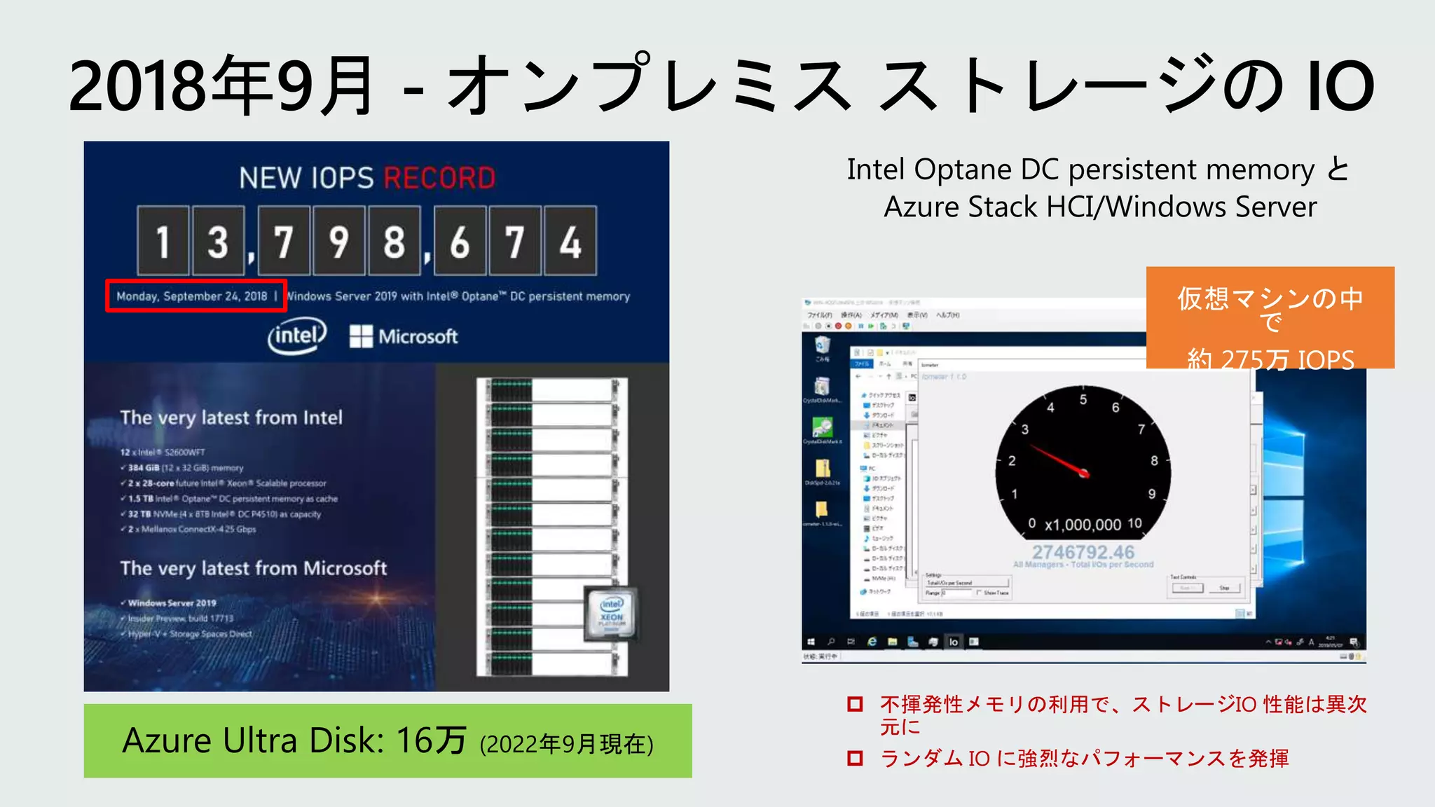 仮想マシンの中
で
約 275万 IOPS
 不揮発性メモリの利用で、ストレージIO 性能は異次
元に
 ランダム IO に強烈なパフォーマンスを発揮
 