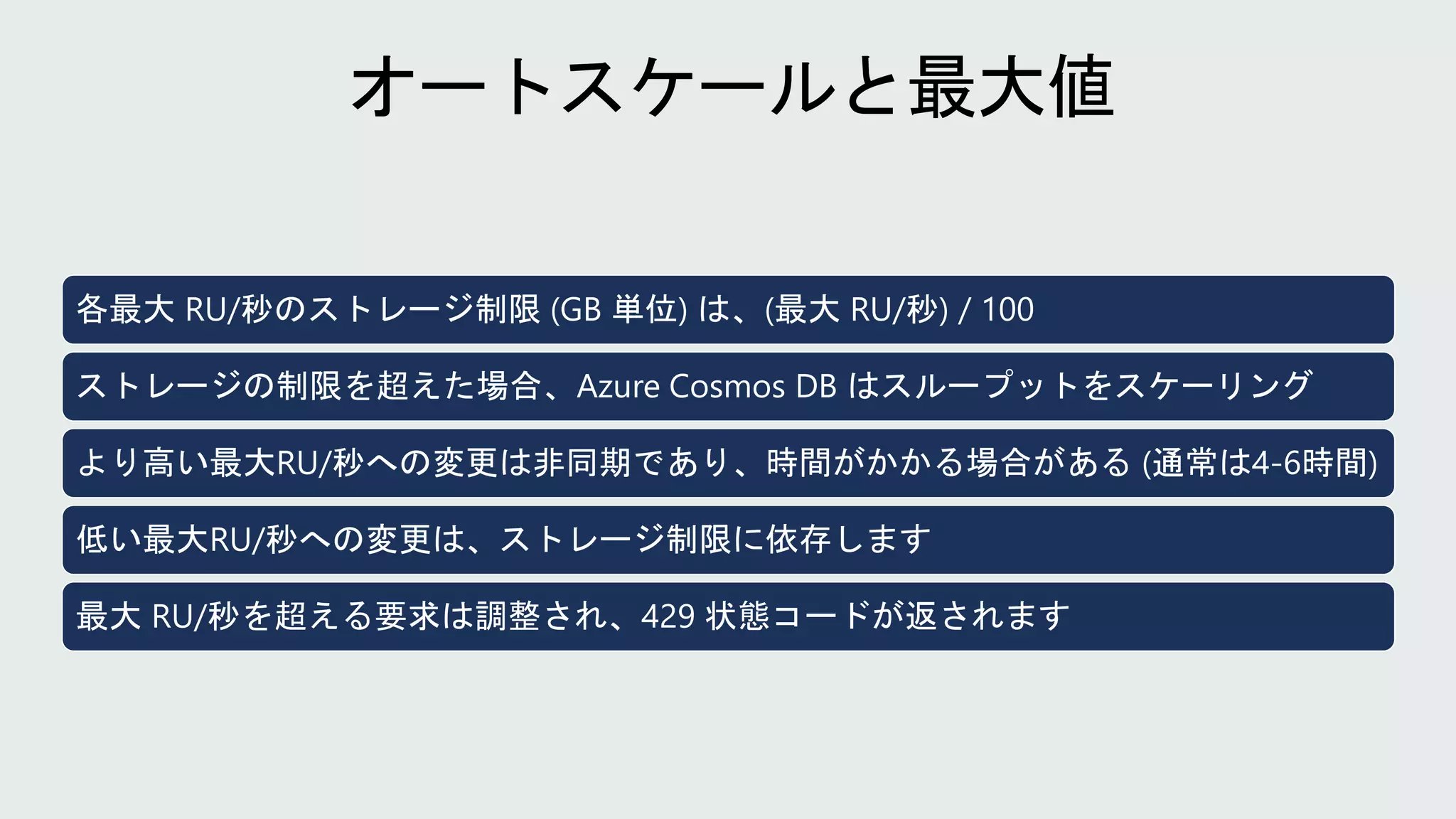 各最大 RU/秒のストレージ制限 (GB 単位) は、(最大 RU/秒) / 100
ストレージの制限を超えた場合、Azure Cosmos DB はスループットをスケーリング
より高い最大RU/秒への変更は非同期であり、時間がかかる場合がある (通常は4-6時間)
低い最大RU/秒への変更は、ストレージ制限に依存します
最大 RU/秒を超える要求は調整され、429 状態コードが返されます
 