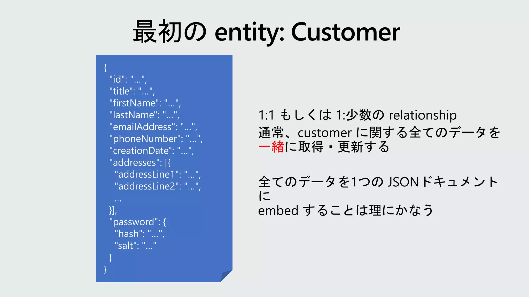 1:1 もしくは 1:少数の relationship
通常、customer に関する全てのデータを
一緒に取得・更新する
全てのデータを1つの JSONドキュメント
に
embed することは理にかなう
 