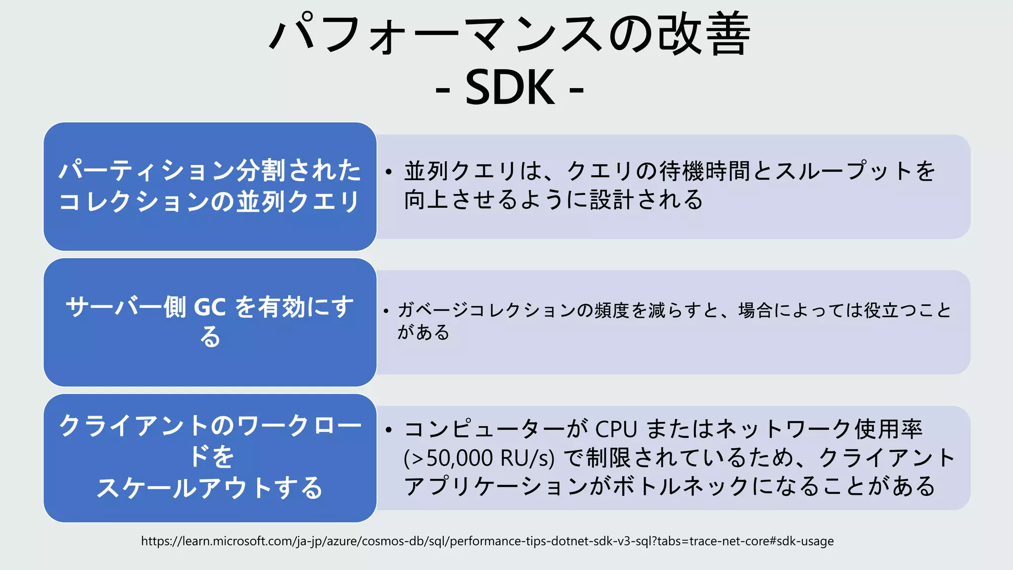 • 並列クエリは、クエリの待機時間とスループットを
向上させるように設計される
パーティション分割された
コレクションの並列クエリ
• ガベージコレクションの頻度を減らすと、場合によっては役立つこと
がある
サーバー側 GC を有効にす
る
• コンピューターが CPU またはネットワーク使用率
(>50,000 RU/s) で制限されているため、クライアント
アプリケーションがボトルネックになることがある
クライアントのワークロー
ドを
スケールアウトする
 
