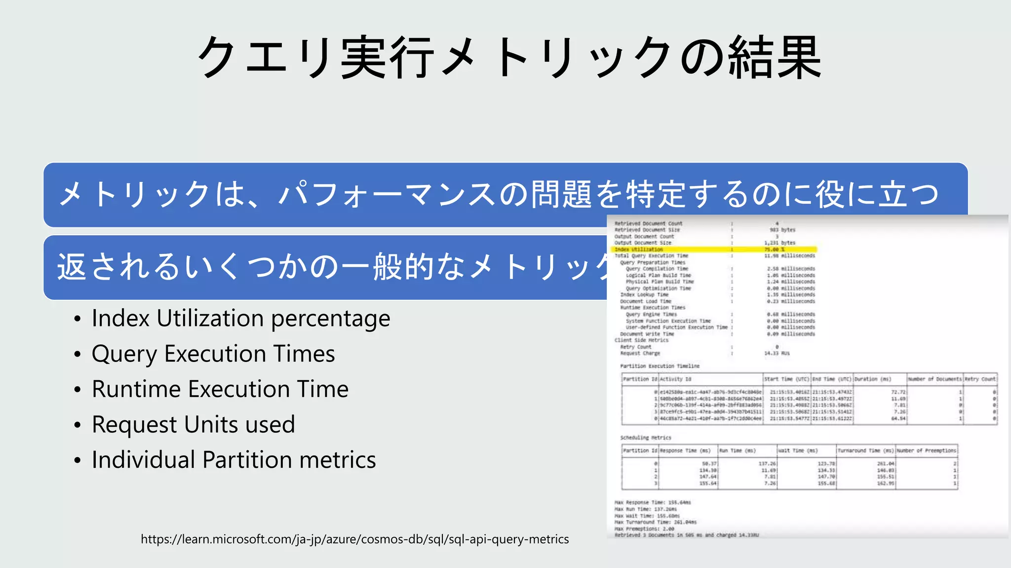 メトリックは、パフォーマンスの問題を特定するのに役に立つ
返されるいくつかの一般的なメトリック
• Index Utilization percentage
• Query Execution Times
• Runtime Execution Time
• Request Units used
• Individual Partition metrics
 