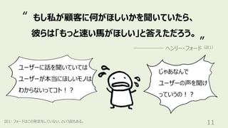 11
註1: フォードはこの発⾔をしていない、という説もある。
もし私が顧客に何がほしいかを聞いていたら、
彼らは「もっと速い⾺がほしい」と答えただろう。
ヘンリー・フォード（註1）
“
”
ユーザーに話を聞いていては
ユーザーが本当にほしいモノは
わからないってコト︕︖
じゃあなんで
ユーザーの声を聞け
っていうの︕︖
 
