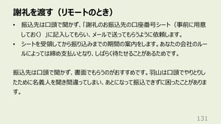 謝礼を渡す（リモートのとき）
131
• 振込先は⼝頭で聞かず、「謝礼のお振込先の⼝座番号シート（事前に⽤意
しておく）」に記⼊してもらい、メールで送ってもらうように依頼します。
• シートを受領してから振り込みまでの期間の案内をします。あなたの会社のルー
ルによっては締め⽀払いとなり、しばらく待たせることがあるためです。
振込先は⼝頭で聞かず、書⾯でもらうのがおすすめです。⽻⼭は⼝頭でやりとりし
たために名義⼈を聞き間違ってしまい、あとになって振込できずに困ったことがありま
す。
 