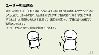 ユーザーを⾒送る
133
謝礼をお渡ししたら「それでは以上となります。本⽇は⻑い時間、ありがとうございま
した」と伝え、リモートであれば会議を終了します。対⾯であれば「それではご準備
ができたら、お⾒送りいたします」と⾔って、出⼝まで案内し、丁重にお礼を伝えて
お⾒送りをします。
ユーザーを⾒送ったら、録画や録⾳を⽌めます。
 