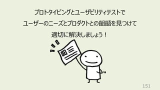 151
プロトタイピングとユーザビリティテストで
ユーザーのニーズとプロダクトとの齟齬を⾒つけて
適切に解決しましょう︕
 
