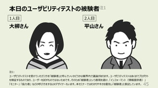 本⽇のユーザビリティテストの被験者注1
45
注1:
ユーザビリティテストを受けていただく⽅を「被験者」と呼んでいいかどうかは業界内で議論があります。ユーザビリティテストはあくまでプロダクト
を検証するものであり、ユーザーを試すものではないためです。そのため「被験者」という表現を避け、「インフォーマント（情報提供者）」
「モニター」 「協⼒者」 などの呼び⽅をするUXデザイナーもいます。本セミナーではわかりやすさを優先し「被験者」と表記しています。
1⼈⽬ 2⼈⽬
⼤柳さん 平⼭さん
 