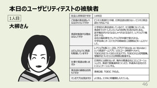 本⽇のユーザビリティテストの被験者
46
社会⼈何年⽬ですか 14年⽬
ご⾃⾝の英会話レベ
ルはどれくらいですか
ビジネス英語だと中級、⽇常会話は困らない、ビジネス英会
話もできるレベル
英語を勉強する理由
はなんですか
⼩学校から英会話をしているので、もう習慣になっている。
英語をマスターしたいというより⾃然と⽣活のなかにある。
話す機会が少なくなるとしゃべれなくなるので、レアジョブで機
会をつくる。
会社の福利厚⽣でレアジョブが半額で受けられる。
中学⾃体にオーストラリアの姉妹校に2週間ほどホームステイ
した。
ふだんどのように英語
を勉強していますか
レアジョブを週に1〜2回。アプリで「Words on Wonder」
という英語ゲームアプリ、1⽇に2〜3時間やっちゃう。
TOEICが近づいてきたら⽂法アプリ。TOEICの公式問題集。
受験が近づいたら1⽇2時間は勉強する。
仕事で英語は使いま
すか
⽇常的には使わないが、海外の関連会社とコミュニケーショ
ンしたり、英語で営業資料をつくったり、外資系の会社の⽅
とコミュニケーションする。
英会話の資格はお持
ちですか
英検2級、TOEIC 795点。
マンガアプリは⾒ますか よく⾒る。スマホに何種類も⼊れている。
1⼈⽬
⼤柳さん
 