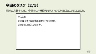 今回のタスク（2/5）
61
前述の⽅針をもとに、今回のユーザビリティテストのタスクは次のようにしました。
いま課⾦をうながす画⾯が出ていますが、
どのように感じていますか。
タスク2:
 