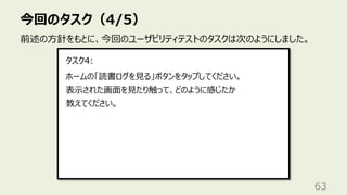 今回のタスク（4/5）
63
前述の⽅針をもとに、今回のユーザビリティテストのタスクは次のようにしました。
ホームの「読書ログを⾒る」ボタンをタップしてください。
表⽰された画⾯を⾒たり触って、どのように感じたか
教えてください。
タスク4:
 