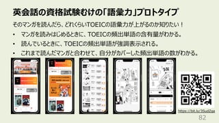 英会話の資格試験むけの「語彙⼒」プロトタイプ
82
そのマンガを読んだら、どれくらいTOEICの語彙⼒が上がるのか知りたい︕
• マンガを読みはじめるときに、TOEICの頻出単語の含有量がわかる。
• 読んでいるときに、TOEICの頻出単語が強調表⽰される。
• これまで読んだマンガと合わせて、⾃分がカバーした頻出単語の数がわかる。
https://bit.ly/3SudZga
 