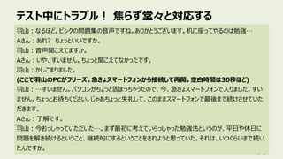 テスト中にトラブル︕ 焦らず堂々と対応する
96
⽻⼭︓なるほど。ピンクの問題集の⾳声ですね。ありがとうございます。机に座ってやるのは勉強…
Aさん︓あれ? ちょっといいですか。
⽻⼭︓⾳声聞こえてますか。
Aさん︓いや、すいません。ちょっと聞こえてなかったです。
⽻⼭︓かしこまりました。
(ここで⽻⼭のPCがフリーズ。急きょスマートフォンから接続して再開。空⽩時間は30秒ほど)
⽻⼭︓…すいません。パソコンがちょっと固まっちゃったので、今、急きょスマートフォンで⼊りました。すい
ません。ちょっとお待ちください。じゃあちょっと失礼して、このままスマートフォンで最後まで続けさせていた
だきます。
Aさん︓了解です。
⽻⼭︓今おっしゃっていただいた…。まず最初に考えていらっしゃった勉強法というのが、平⽇や休⽇に
問題を解き続けるということ、継続的にするということをされようと思っていた。それは、いつぐらいまで続い
たんですか。
 