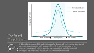 13
• Public policy tools and skills are built to cater for the normal; however, the fatter the tail
gets, the more responsive and creative public policy mechanisms need to be
• Futurists are not easily held accountable – success cannot easily be measured
• Strategists are always held accountable – success can be measured
The fat tail
The policy gap
 