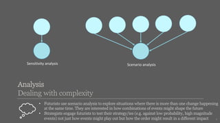 • Futurists use scenario analysis to explore situations where there is more than one change happening
at the same time. They are interested in how combinations of events might shape the future
• Strategists engage futurists to test their strategy/ies (e.g. against low probability, high magnitude
events) not just how events might play out but how the order might result in a different impact
Sensitivity analysis Scenario analysis
Analysis
Dealing with complexity
9
 