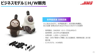 ビジネスモデル①H/W販売
21
世界最高速 空間認識
• 採用製品：SiNGRAY AシリーズVSLAMカメラ
• 採用時期：2019年10月量産採用
• 出荷台数：1,000～1,500台/月
• 用途：ロボット環境マップ構築、自己位置推定、障害物回避、走行経
路計画
• ビジネスモデル：H/W販売
大人気のLOVOTに、世界最高速で、3D空間を再構築し
自己位置・姿勢(6DoF)を出力するエッジAIデバイスを提供
 