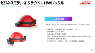 ビジネスモデル④クラウド＋HWレンタル
24
九州最大級の社会インフラ企業に革新的なエッジAIデバイスを計画
• 提案製品：SiNGRAY ARシリーズARスマートグラス
• 量産時期：2022年予定
• 出荷台数：年間数千台規模
• 用途：現場作業員・班長用スマートヘルメット、映像・音声通信・記録、
所在地検出、異常事象検出
• ビジネスモデル：クラウドサービス＋H/W利用料（月額課金）
インフラ×AR
 