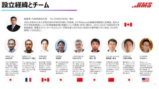 設立経緯とチーム
創業者・代表取締役社長 HU ZHENCHENG 博士
2001年熊本大学大学院自然科学研究科博士号取得。カナダMatrox社画像処理開発に従事後、熊本大
学大学院准教授として13年間画像処理と車載センシング教育・研究に携わた。2015-2018 中国同濟大学
客員教授、車載カメラベンチャーを立ち上げ、年間生産130万台まで成長させ業界最大手に売却。2018年
福岡にで当社設立。
常務取締役
MA WEI
熊本学園大学商学
研究科博士後期課
程中退。アメリカ公
認会計士。2018
年常務取締役就任
、財務統括
取締役・CTO
FERAUD T.博士
フランスBlaise Pascal
大学で博士号取得。
2019年HMS入社、フ
ランスR&Dセンタ長に
就任。2021年より取
締役・CTO
取締役 COO
山本公平
九州大学教育学部
卒業。電子部品メー
カー勤務後、福岡市
役所に入庁。国際ビ
ジネス・ベンチャー支
援行う。社外取締役
を経て2022年より取
締役COO就任
社外取締役
YUAN L.
米Univ. of
California大学工
学部卒業。米Drive
AI社研究開発部勤
務に従事後、米
Uber社研究開発部
勤務。2020年より
社外取締役就任
営業部長
坂元 修
東芝TELIと産業用
マシンビジョン上場
企業ViSCOでマー
ケティング職を務めた
。豊富なマシンビジョ
ン業界の経験をもつ
ベテラン営業
上海支社副社長
PAN ZIYI
浙江大学ダブルディ
グリー取得。IoT業
界で豊富な製品設
計と製造経験。
2019年上海支社
R&Dマネージャー就
任。2021年上海
支社常務副社長
Principle Scientist
董延超 博士
中国同済大学准教
授、熊本大学で博士
号。研究分野はマシ
ンビジョンアルゴリズムと
AIの最適化。2018
年Principle
Scientist
知財責任者
六間口秀樹
横浜国立大・工卒
業。メカエンジニアと
して家電製品の設
計業務を経験後、
大手特許事務所に
て10年以上特許実
務に携わる
3
財務部長
寺田哲
香川大法学部卒業。
十八親和銀行で7
年間勤務、FFGベ
ンチャービジネスパー
トナーの投資担当を
経て2022年より財
務部長就任
 