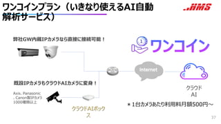 ワンコインプラン（いきなり使えるAI自動
解析サービス）
37
Axis、Panasonic
、Canon製IPカメラ
1000種類以上
弊社GW内蔵IPカメラなら直接に接続可能！
既設IPカメラもクラウドAIカメラに変身！
クラウド
AI
＊1台カメラあたり利用料月額500円～
 