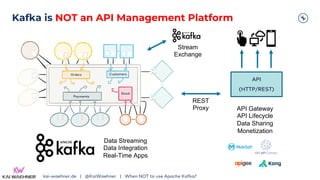 Kafka is NOT an API Management Platform
kai-waehner.de | @KaiWaehner | When NOT to use Apache Kafka?
Orders Customers
Payments
Stock
API
(HTTP/REST)
Data Streaming
Data Integration
Real-Time Apps
API Gateway
API Lifecycle
Data Sharing
Monetization
REST
Proxy
Stream
Exchange
 