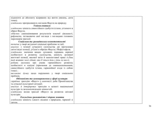 36
підносити до абсолюту відірваних від життя уявлень, догм
тощо);
усвідомлює прогресивність поглядів Фауста на природу;
Уміння вчитися
усвідомлює цінність самостійного здобуття істини, утіленого в
образі Фауста;
здійснює самооцінювання результатів власної діяльності,
рефлексію, зіставляючи свої погляди з поглядами головних
персонажів трагедії;
Соціальна та громадянська компетентності
визначає у творі актуальні соціальні проблеми та ідеї;
аналізує з позиції сучасного суспільства дві протилежні
світоглядні позиції, утілені в образах Фауста і Мефістофеля;
усвідомлює значення вищих духовних поривань окремої
особистості в розвитку суспільства, цінність активної
життєвої позиції, високої мети й наполегливої праці («Лиш
той життя і волі гідний, хто б’ється день у день за них»);
робить висновки про умови гармонійного розвитку
особистості в соціумі (прагнення до самовдосконалення,
самостійного здобуття істини, гармонійної згоди із собою
тощо) ;
висловлює думку щодо порушених у творі соціальних
проблем;
Обізнаність та самовираження у сфері культури
сприймає трагедію «Фауст» у контексті доби Просвітництва
та сучасної культурної ситуації;
аналізує й інтерпретує трагедію в аспекті національної
культури та загальнолюдських цінностей;
усвідомлює вплив трагедії «Фауст» на розвиток світової
культури;
Екологічна грамотність і здорове життя
усвідомлює цінність єдності людини з природою, гармонії зі
світом.
 