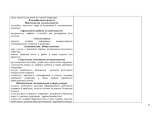 51
щодо цінності класичної й сучасної літератури;
Ключові компетентності
Математична компетентність
класифікує прочитані твори за жанровими й поетикальними
ознаками;
Інформаційно-цифрова компетентність
використовує цифрові технології для розширення кола
читання;
Уміння вчитися
отримує потрібну інформацію, використовуючи
літературознавчі словники й довідники;
Ініціативність і підприємливість
бере участь у виконанні завдань дослідницько-пошукового
характеру;
виявляє лідерські якості у роботі в парах (групах) над
проектом;
Соціальна та громадянська компетентності
аргументовано висловлює думки щодо актуальних моральних
і суспільних питань, які знайшли відбиток у творах зарубіжної
літератури;
розуміє необхідність збереження і розвитку культурних
надбань різних народів;
усвідомлює важливість популяризації в соціумі шедеврів
зарубіжної літератури, а також надбань української
перекладацької школи;
Обізнаність та самовираження у сфері культури
визначає особливості культури інформаційного суспільства
(переваги й проблеми) та місце читання художньої літератури
в ньому;
осмислює роль художньої літератури і художнього перекладу
в житті сучасного суспільства і окремої особистості.
усвідомлює потребу збереження культурних надбань людства,
необхідність читання творів вітчизняних і зарубіжних авторів.
 