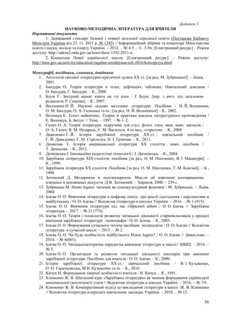 56
Додаток 3
НАУКОВО-МЕТОДИЧНА ЛІТЕРАТУРА ДЛЯ ВЧИТЕЛЯ
Нормативні документи
1. Державний стандарт базової і повної загальної середньої освіти (Постанова Кабінету
Міністрів України від 23. 11. 2011 р. № 1392) // Інформаційний збірник та коментарі Міністерства
освіти і науки, молоді та спорту України. – 2012. – № 4-5. – С. 3-56; [Електронний ресурс] – Режим
доступу: http://zakon2.rada.gov.ua/laws/show/1392-2011-п.
2. Концепція Нової української школи [Електронний ресурс] – Режим доступу:
http://mon.gov.ua/activity/education/zagalna-serednyaua-sch-2016/koncepciya.html
Монографії, посібники, словники, довідники
1. Антологія світової літературно-критичної думки ХХ ст. [за ред. М. Зубрицької]. – Львів,
2001.
2. Бандура О. Теорія літератури в тезах, дефініціях, таблицях: Навчальний довідник /
О. Бандура, Г. Бандура. – К., 2008.
3. Блум Г. Західний канон: книги на тлі епох / Г. Блум; [пер. з англ. під загальною
редакцією Р. Семківа]. – К., 2007.
4. Волошина Н. Й. Наукові основи методики літератури: Посібник / Н. Й. Волошина,
О. М. Бандура, О. А. Гальонка та ін.; [за ред. Н. Й. Волошиної] – К., 2002.
5. Волощук Е. Технэ майевтике: Теория и практика анализа литературного произведения /
Е. Волощук, Б. Бегун // Тема. – 1997. – № 1–2.
6. Галич О. А. Теорія літератури: підручник для студ. філол. спец. вищ. навч. закладів /
О. А. Галич, В. М. Назарець, Є. М. Васильєв. 4-те вид., стереотип. – К., 2008
7. Давиденко Г. Й. Історія зарубіжної літератури XX ст. : навчальний посібник /
Г. Й. Давиденко, Г. М. Стрельчук, Н. І. Гринчак. – К., 2011.
8. Денисова Т. Історія американської літератури ХХ століття : навч. посібник /
Т. Денисова. – К., 2012.
9. Дичківська І. Інноваційні педагогічні технології / І. Дичківська. – К., 2004.
10. Зарубіжна література XIX століття: посібник [за ред. О. М. Ніколенко, В. І. Мацапури]. –
К., 1999.
11. Зарубіжна література XX століття: Посібник [за ред. О. М. Ніколенко, Т. М. Конєвої]. – К.,
1998.
12. Затонский Д. Модернизм и постмодернизм. Мысли об извечном коловращении
изящных и неизящных искусств /Д В. Затонский. – Харьков, 2000. – 259 с.
13. Зубрицька М. Homo legens: читання як соціокультурний феномен / М. Зубрицька. – Львів,
2004.
14. Ісаєва О. О. Вивчення літератури в цифрову епоху: про реалії сьогодення і перспективи в
майбутньому / О. О. Ісаєва // Всесвітня література в школах України. – 2016. – № 1 (415).
15. Ісаєва О. О. Вивчення літератури під час гібридної війни / О. О. Ісаєва // Зарубіжна
література. – 2017. – № 21 (774).
16. Ісаєва О. О. Теорія і технологія розвитку читацької діяльності старшокласників у процесі
вивчення зарубіжної літератури : монографія / О. О. Ісаєва. – К., 2003.
17. Ісаєва О. О. Формування сучасного читача засобами медіаосвіти / О. О. Ісаєва // Всесвітня
література в сучасній школі. – 2013. – № 2.
18. Ісаєва О. О. Чи буде особистість майбутнього Homo legens? / О. О. Ісаєва // Дивослово. –
2014. – № 4(685).
19. Ісаєва О. О. Читацькоцентрична парадигма вивчення літератури в школі// ШБІЦ. – 2016. –
№ 5.
20. Ісаєва О. О. Організація та розвиток читацької діяльності школярів при вивченні
зарубіжної літератури: Посібник для вчителя / О. О. Ісаєва. – К., 2000.
21. Історія зарубіжної літератури XX ст.: навчальний посібник / В. І. Кузьменко,
О. О. Гарачковська, М.В. Кузьменко та ін. – К., 2010.
22. Кичук Н. Формування творчої особистості вчителя / Н. Кичук. – К., 1991.
23. Клименко Ж. В. Шкільний курс «Зарубіжна література» як чинник формування української
національної ідентичності учнів // Всесвітня література в школах України. – 2016. – № 7/8.
24. Клименко Ж. В. Компаративний підхід до викладання літератури в школі /Ж. В. Клименко
// Всесвітня література в середніх навчальних закладах України. – 2010. – № 12.
 