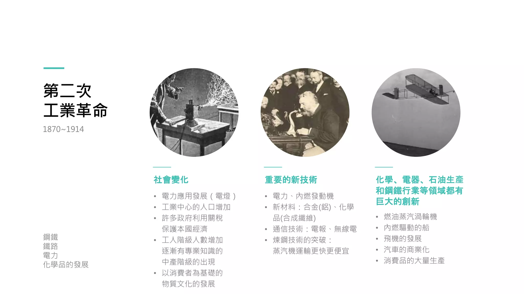 第二次
工業革命
1870~1914
鋼鐵
鐵路
電力
化學品的發展
• 電力應用發展（電燈）
• 工業中心的人口增加
• 許多政府利用關稅
保護本國經濟
• 工人階級人數增加
逐漸有專業知識的
中產階級的出現
• 以消費者為基礎的
物質文化的發展
社會變化
• 電力、內燃發動機
• 新材料：合金(鋁)、化學
品(合成纖維)
• 通信技術：電報、無線電
• 煉鋼技術的突破：
蒸汽機運輸更快更便宜
重要的新技術
• 燃油蒸汽渦輪機
• 內燃驅動的船
• 飛機的發展
• 汽車的商業化
• 消費品的大量生產
化學、電器、石油生產
和鋼鐵行業等領域都有
巨大的創新
 
