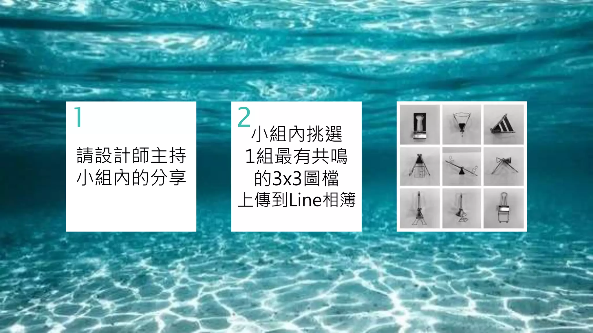 2
小組內挑選
1組最有共鳴
的3x3圖檔
上傳到Line相簿
1
請設計師主持
小組內的分享
 