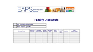 Faculty Disclosure
Company Name
Honoraria/
Expenses
Consulting/
Advisory Board
Funded
Research
Royalties/
Patent
Stock
Options
Ownership/
Equity
Position
Employee
Other
(please specify)
X No, nothing to disclose
Yes, please specify:
 