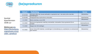 (be)spreekuren
Starttijd
bijeenkomsten
10:00 uur
Meld je aan via:
https://formulieren.
vngrealisatie.nl/sch
ulden_spreekuu...